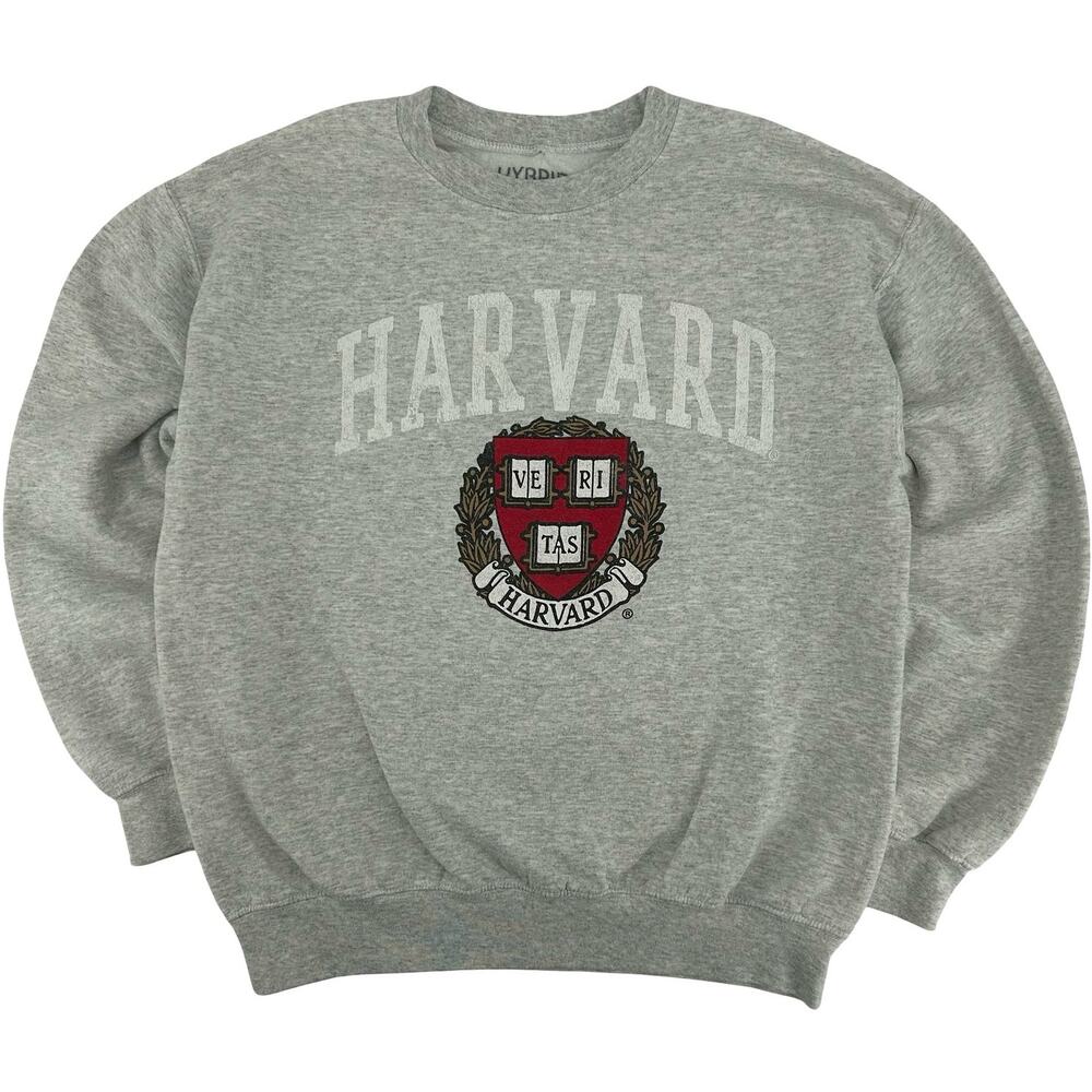 Men's Heather Grey Hybrid Harvard University Crimson Crest Crewneck Sweatshirt~S
